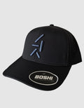ARKT Black Performance Trucker Cap – front angle with steel blue logo